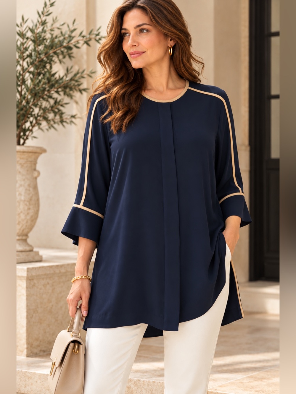 NWT Marina Rinaldi Fantasia Navy Tunic Blouse Contrast Trim Size 23 US 14